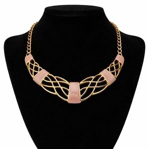 VTG  Monet Pink Enamel Gold Tone Statement Bib Collar Necklace Hook Clasp 1980s